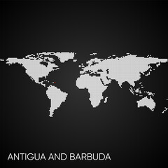 Dotted world map with marked Antigua and Barbuda