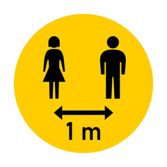 Keep Your Distance 1 m or 1 Metre Round Social Distancing Instruction Sticker Icon with Male and Female Figures. Vector Image.