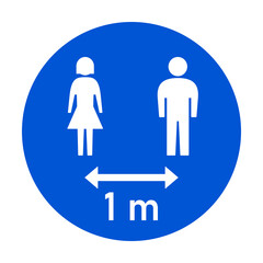 Keep Your Distance 1 m or 1 Metre Round Social Distancing Instruction Sticker Icon with Male and Female Figures. Vector Image.
