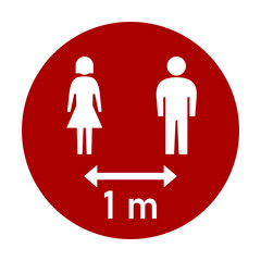 Keep Your Distance 1 m or 1 Metre Round Social Distancing Instruction Sticker Icon with Male and Female Figures. Vector Image.