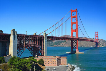 View of Fort Point and the Golden Gate Bridge under clear blue skies in San Francisco, California. 