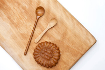 Korean traditional sweets (Yakgwa) and tea spoon on cutting board