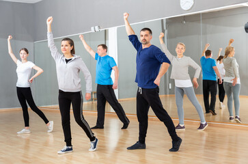 Fototapeta na wymiar Group of different ages women and men doing stretching exercises warming up at dance class