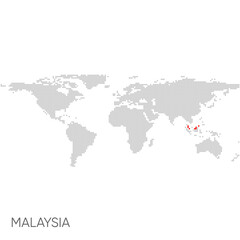 Fototapeta na wymiar Dotted world map with marked malaysia