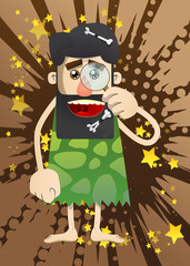 Cartoon caveman holding a magnifying glass. Vector illustration of a man from the stone age.