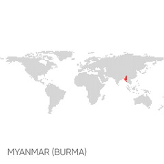 Dotted world map with marked Myanmar (Burma)