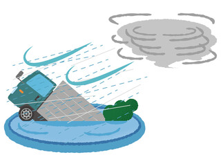 台風の被害に遭う緑色のトラックのベクターイラスト