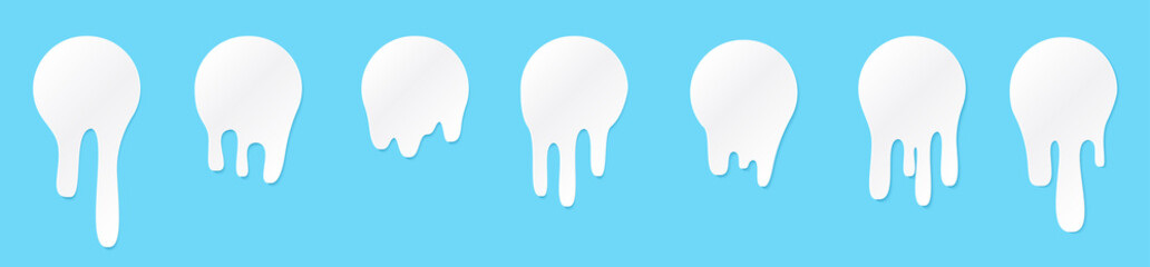 Melt drip stickers or circle milk labels. Vector liquid drops icons for graffiti blob stickers. White liquid or melted chocolate drips, milk, current paint.