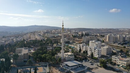 Golden Mosque Tower Minaret in Beit Hanina, Aerial view
Palestinian Muslim Mosque Masjed aldaoa,...