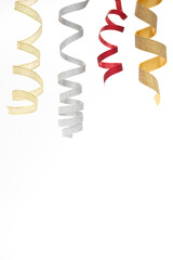 Curly ribbons hanging on white background.
