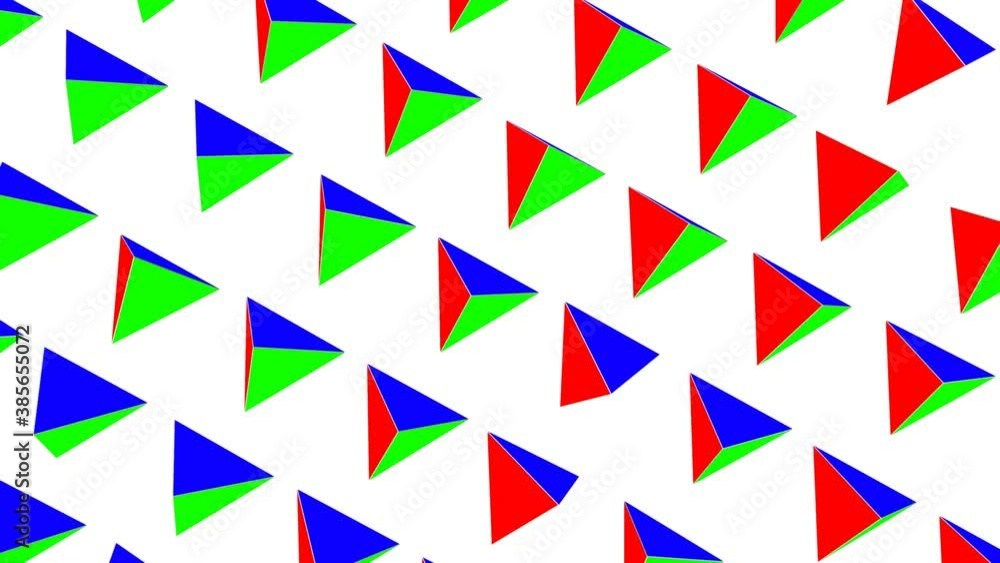 Poster background of slowly moving triangular tricolor pyramids. abstract animated loop background. 3d rend