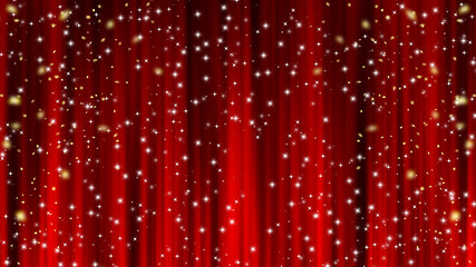 赤いカーテン　ステージカーテン　紙吹雪　星
Red curtain material. Drape curtain. Confetti. Star decoration. - obrazy, fototapety, plakaty