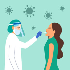 Mouth saliva test using swab concept vector illustration. COVID-19 Coronavirus or DNA test. Doctor keep saliva sample from patient.