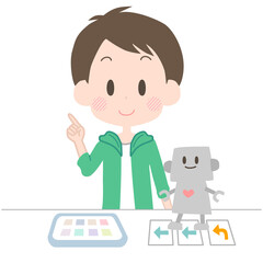 ロボットプログラミングをする男の子