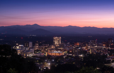 The Asheville skyline at sunset from a distance