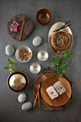 Korean table setting with Korean traditional food, Hangwa.