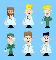 Funny cartoon doctor holding finger front of his mouth. Vector illustration.