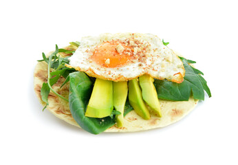 Sandwich with fried egg and avocado on white background