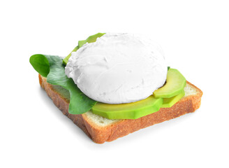 Sandwich with poached egg and avocado on white background