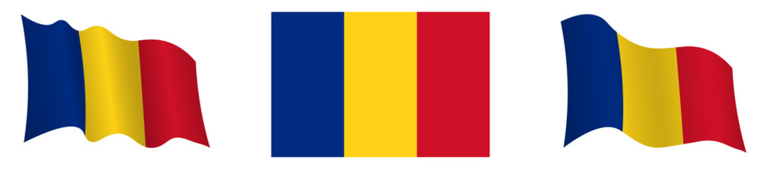 Romania flag in static position and in motion, developing in wind in exact colors and sizes, on white background