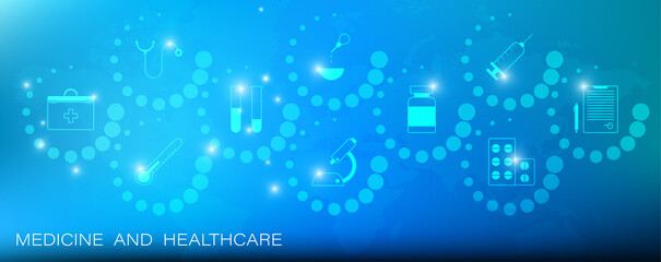 Medical healthcare icons on background of continents of planet. World health system, scientific discoveries in medicine, web header banner. Vector