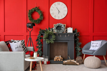 Decorated fireplace in interior of room on Christmas eve