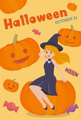 Halloween witch with pumpkin, cartoon character comic vector illustration, Asian style, vertical poster