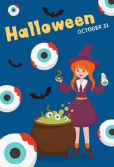 Halloween witch with cauldron with eyeballs, cartoon character comic vector illustration, Asian style, vertical poster