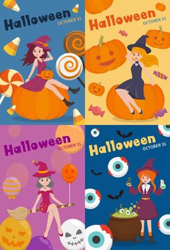 4 Halloween witches and pumpkins, cartoon character comic vector illustration, Asian style, vertical poster