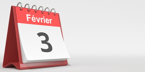 February 3 date written in French on the flip calendar page, 3d rendering