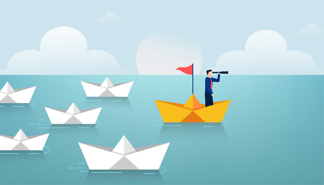 Businessman standing at paper boat and hold telescope leading group of white paper boats vector illustration. Management and goal symbol.