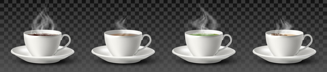 3d realistic vector collection of white cups with coffee, black tea, green tea and cappuccino. Isolated on transparent background.