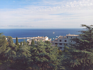 Fototapeta na wymiar High scenic view point landscape of resorts on mountain. Yalta. Crimea 