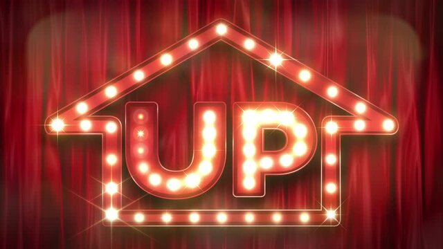 キラキラ輝く「UP」の文字と矢印マークのシアターライトとステージ幕　ループ　レッド