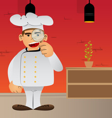 Fat male cartoon chef in uniform holding a magnifying glass. Vector illustration.