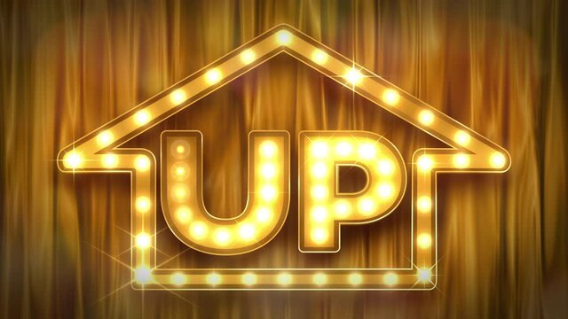 キラキラ輝く「UP」の文字と矢印マークのシアターライトとステージ幕　ループ　イエローゴールド