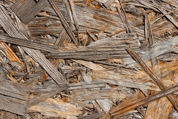 The texture of a large number of small and large wood chips. Background