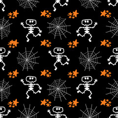 Vector Halloween pattern. white icons of skull, spider web, star. Design elements for halloween party poster. Flat cartoon illustration. Objects isolated.
