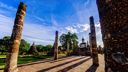 temple mahathat in sukhothai at sunset.
