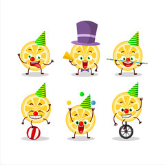 Cartoon character of orange with various circus shows
