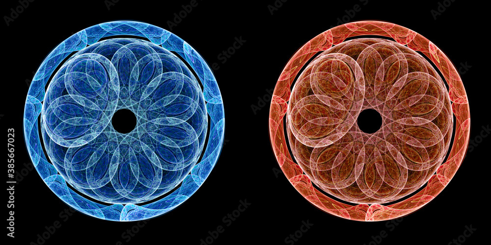 Poster a flower-like pattern is inscribed in a circle. a set of blue and red graphic design elements on a b
