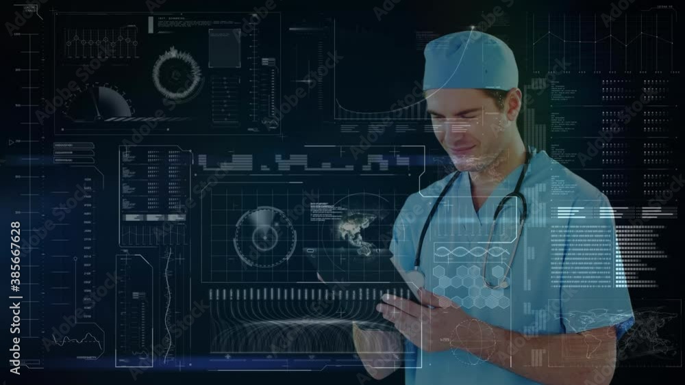 Poster digital computer interface and medical data processing against thoughtful male health worker using d