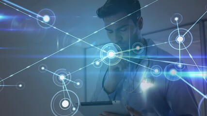 Network of connections and glowing blue light trails against male doctor with stethoscope around his - Powered by Adobe