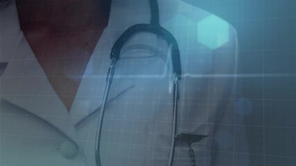 Heart rate monitor and chemical structures against female doctor smiling while holding her badge aga - Powered by Adobe