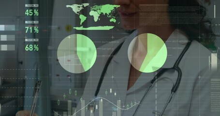 Statistical and financial data processing over grid lines against portrait of female doctor smiling  - Powered by Adobe