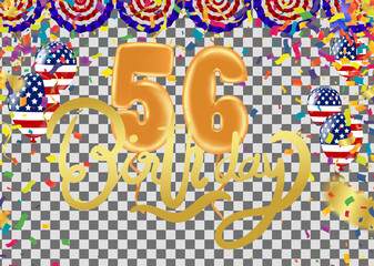 56 years anniversary and birthday with template design on background colorful balloon and colorful tiny confetti pieces for celebration