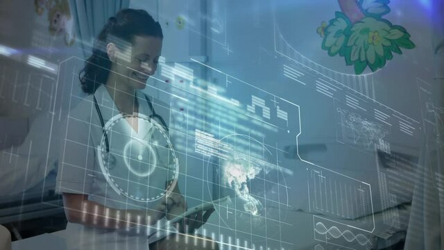 Computer digital interface and data processing against female doctor with stethoscope around her nec - Powered by Adobe