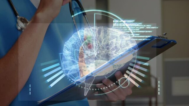 Digital brain spinning and data processing against mid section of medical health worker writing on c