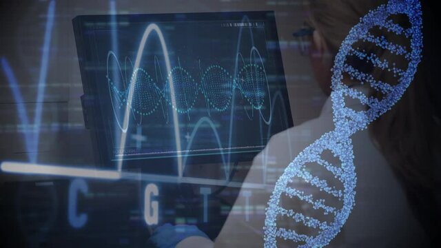 Dna structure spinning and medical data processing against rear view of female doctor using computer
