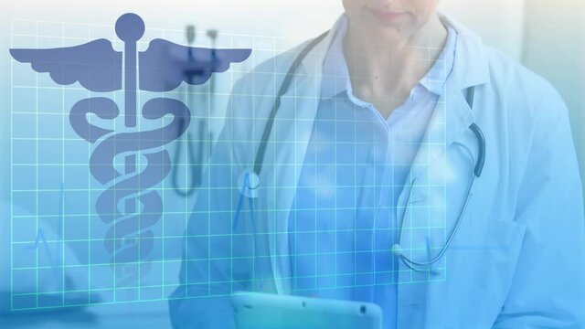 Caduceus medical doctor symbol over grid lines against portrait of female doctor with stethoscope ar